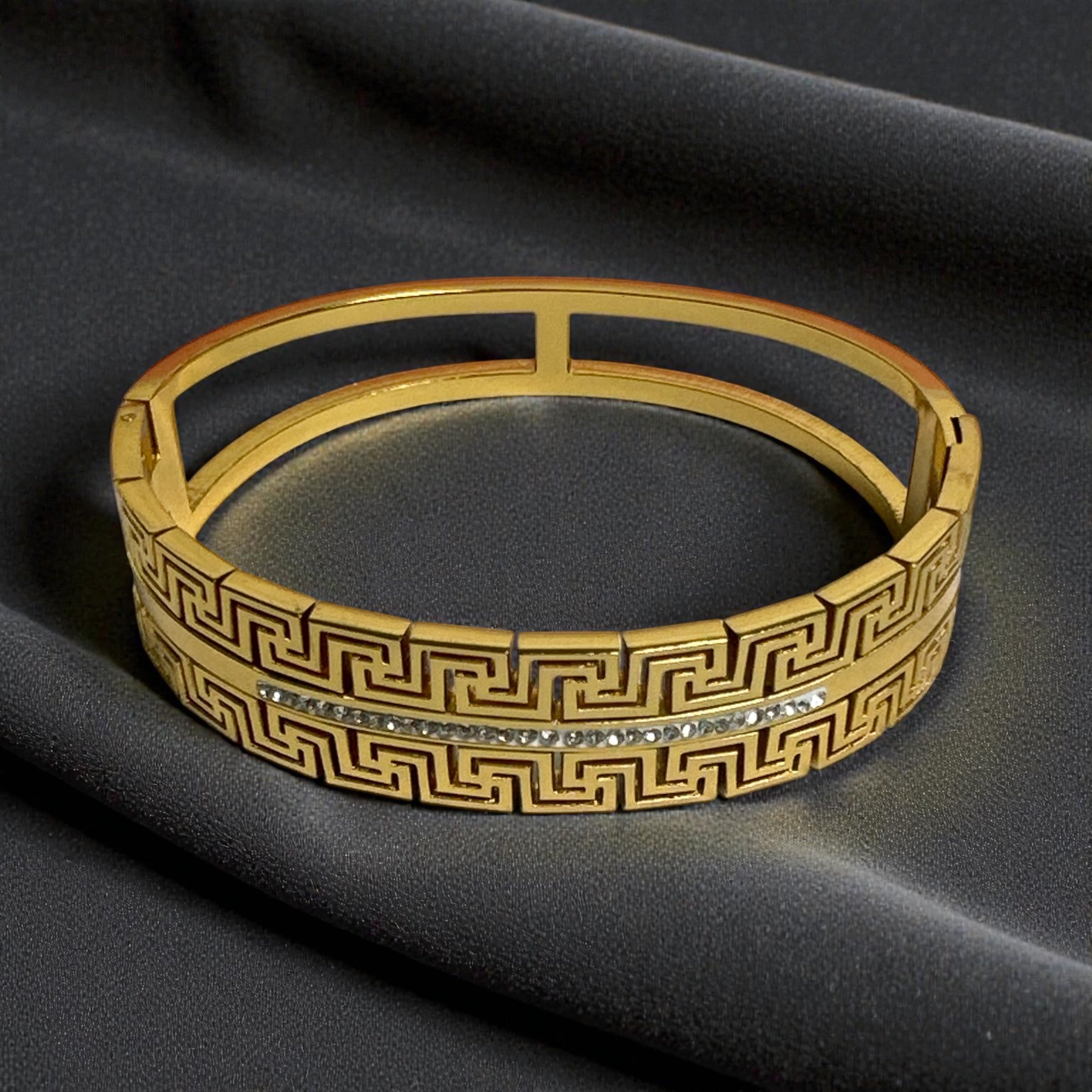 Gold Plated Greek Key Hinged Bangle